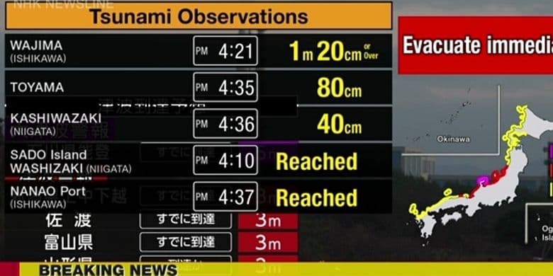 Tsunami Capai Pesisir Laut Jepang setelah Gempa Kuat